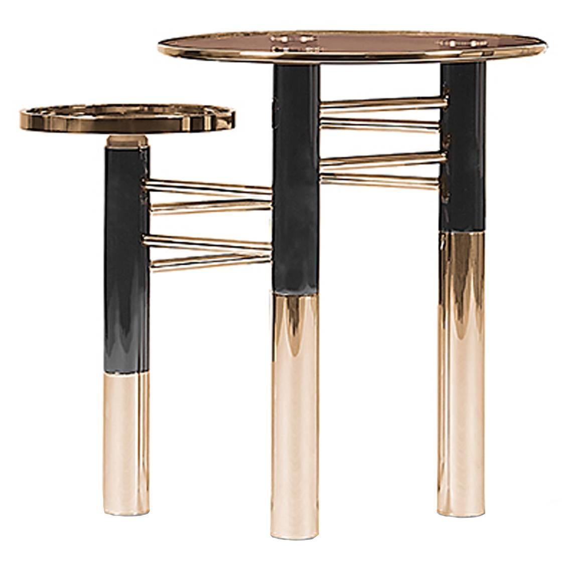 United Side Table in Stainless Steel Brass and Brown Glass
