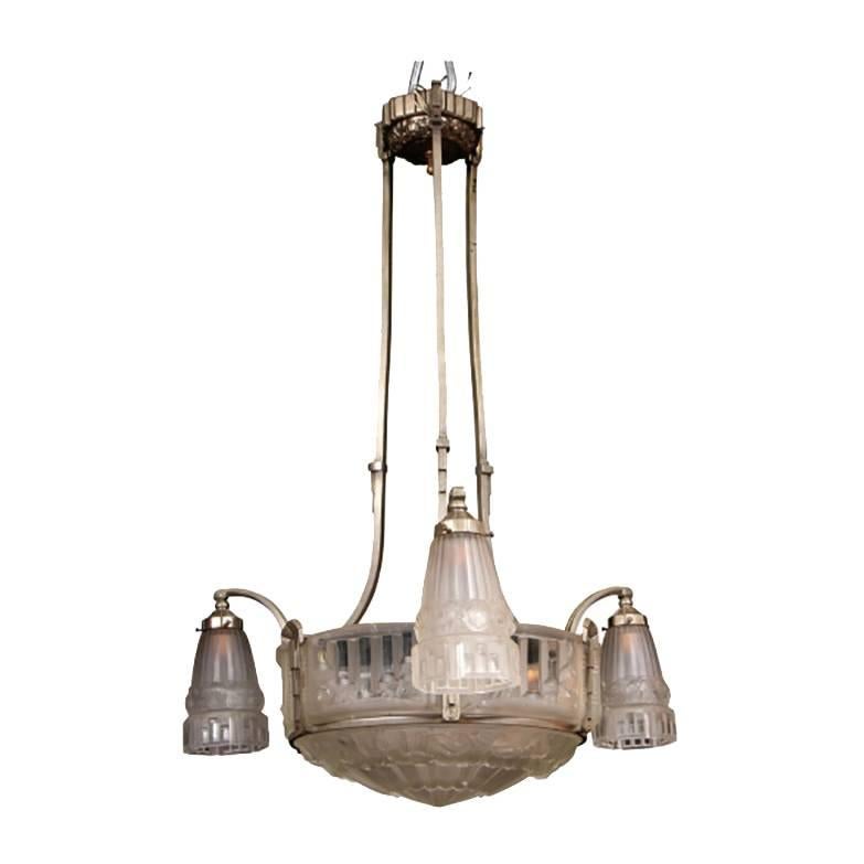 French Art Deco Frosted Chandelier For Sale