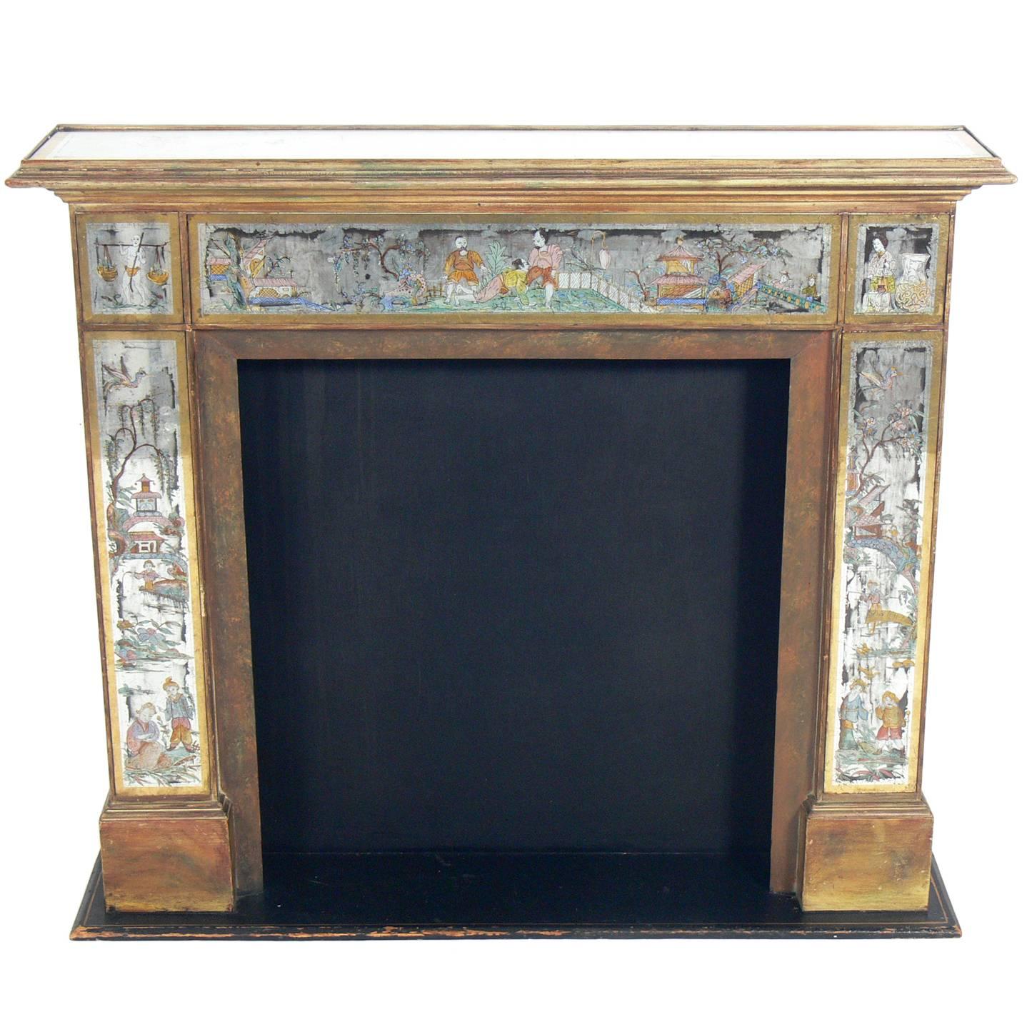 Hollywood Regency 1930s Mirrored Fireplace Mantel with Asian Églomisé Decoration