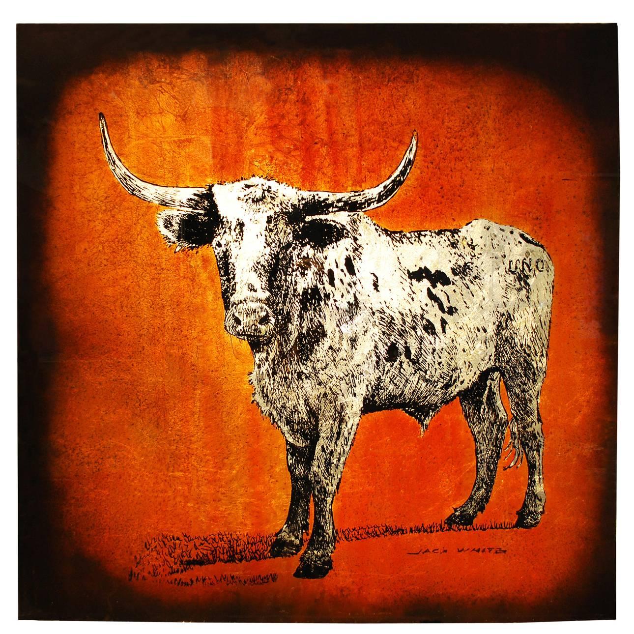 Rare Longhorn Texas Bull Painting by Jack White, circa 1975