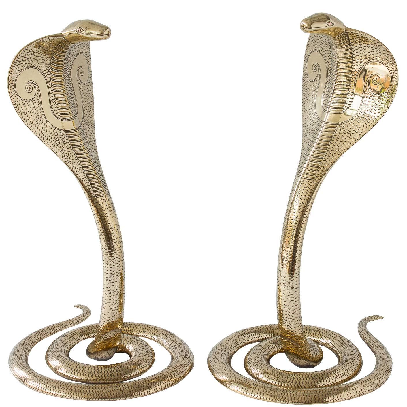 Pair of Solid Brass Cobra Sculptures or Andirons