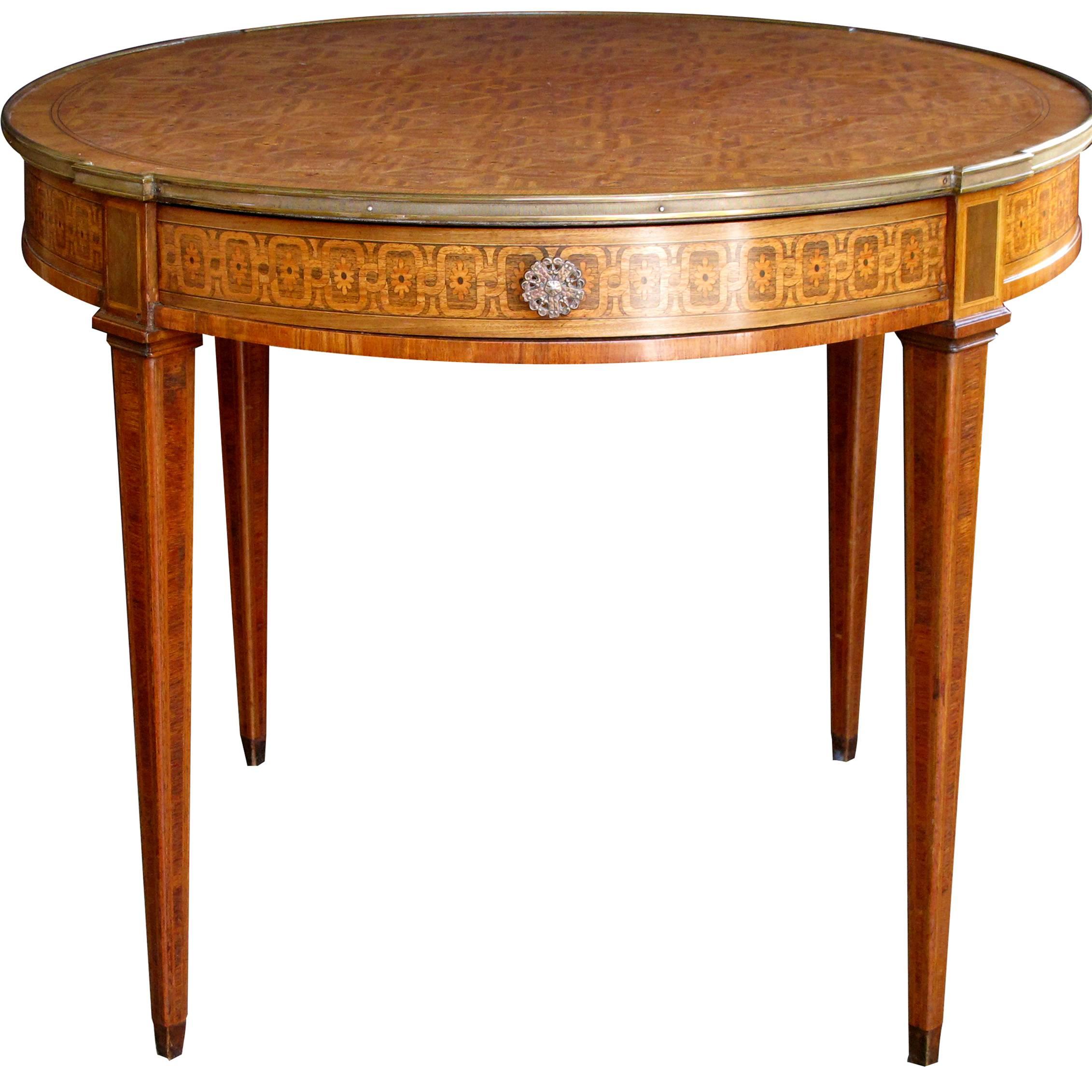 Elegant French Louis XVI Style Tiger Mahogany & Kingwood Inlaid Bouillotte Table