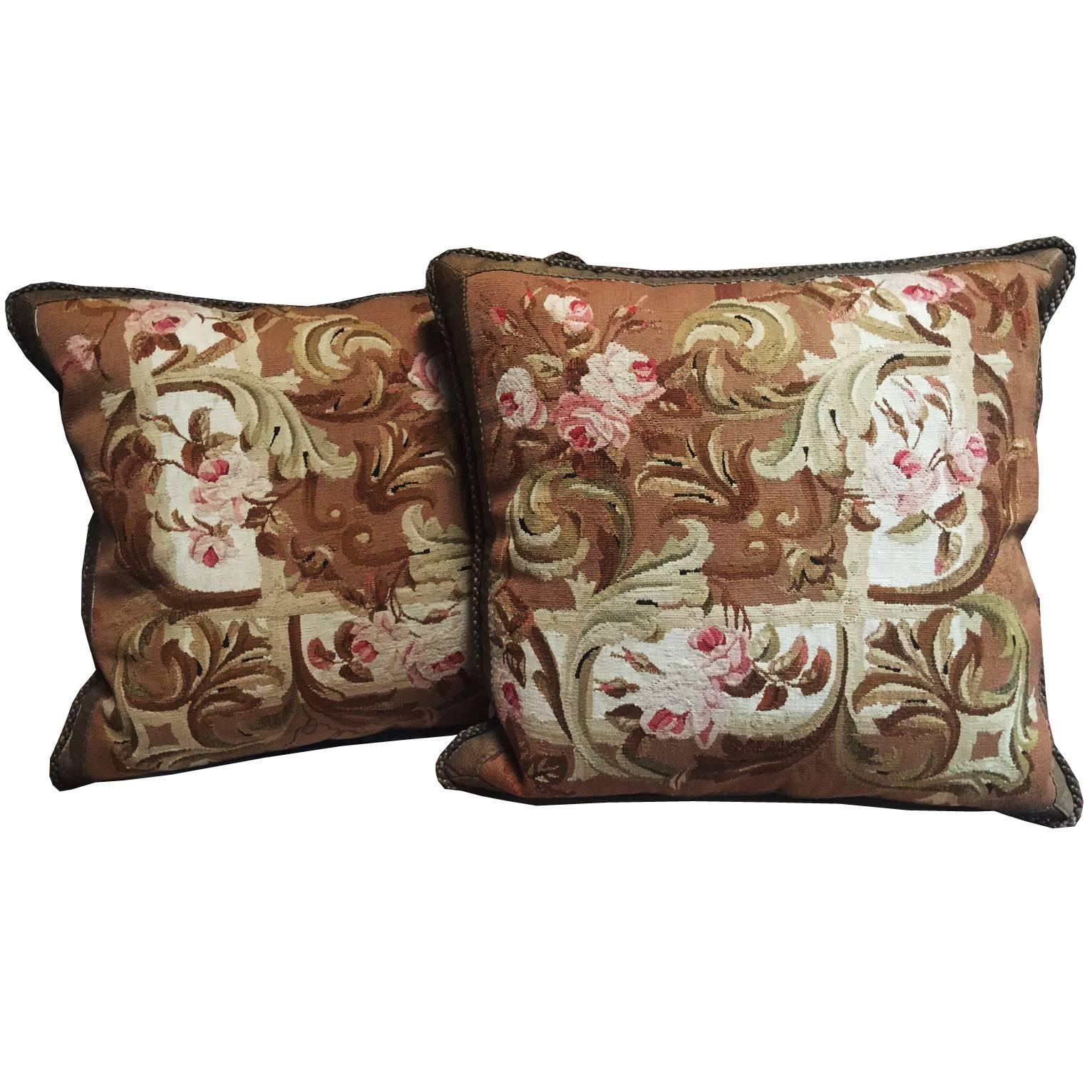 Pair of Antique French Aubusson Tapestry Pillows, circa 1860 For Sale