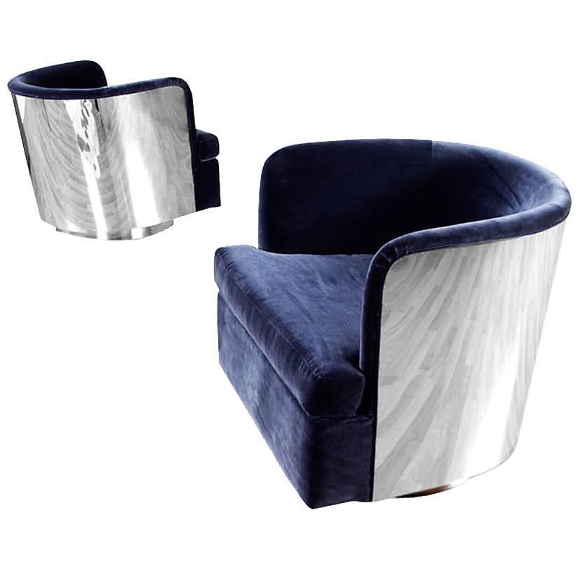Restored Pair of Milo Baughman Blue Barrel Chairs