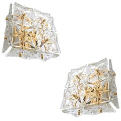 Mid-Century Modernist Etched Glass Kinkeldey Crystal Gold Brass Sconces, 1960s 10