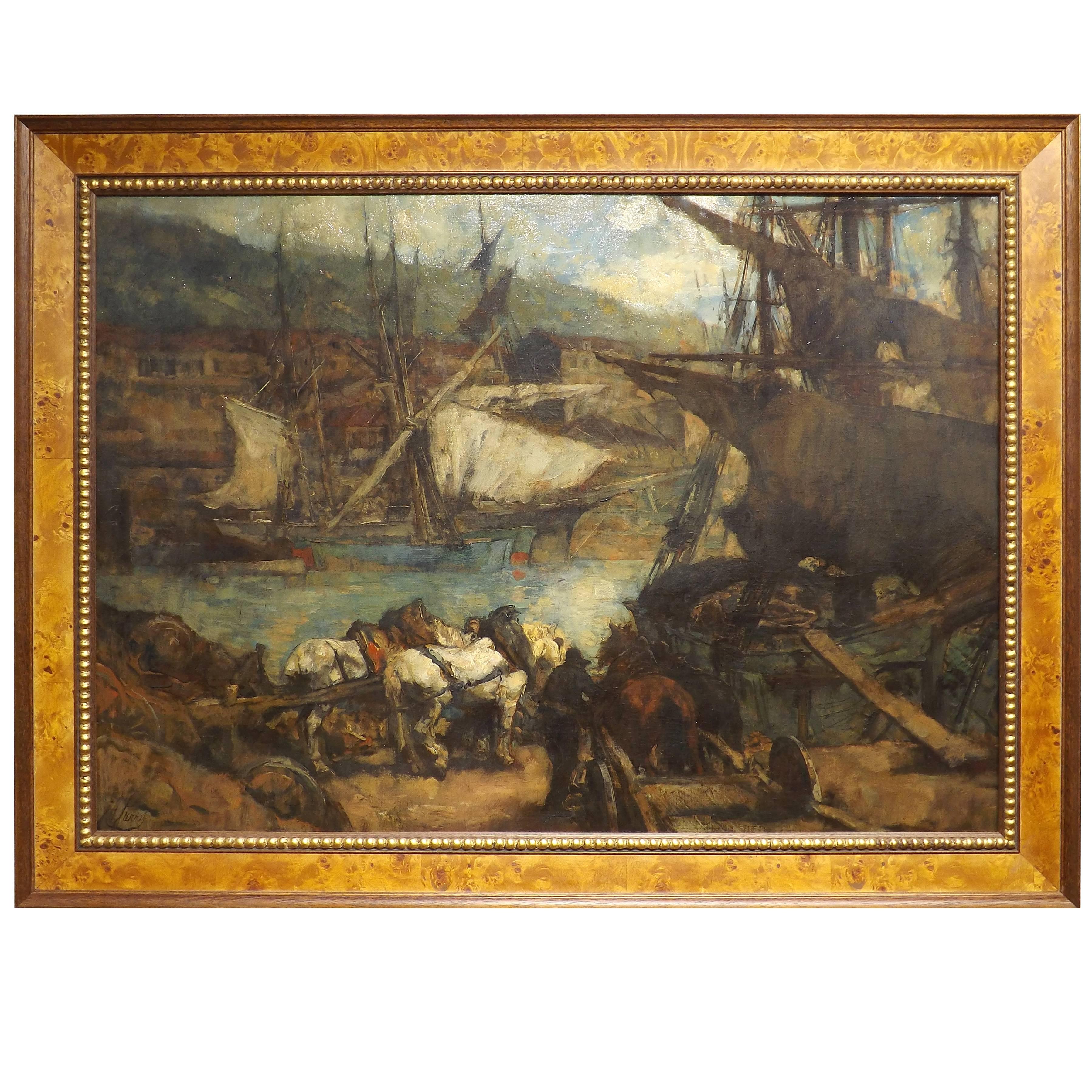 'The Harbor' Original Oil by Johannes Jurres For Sale