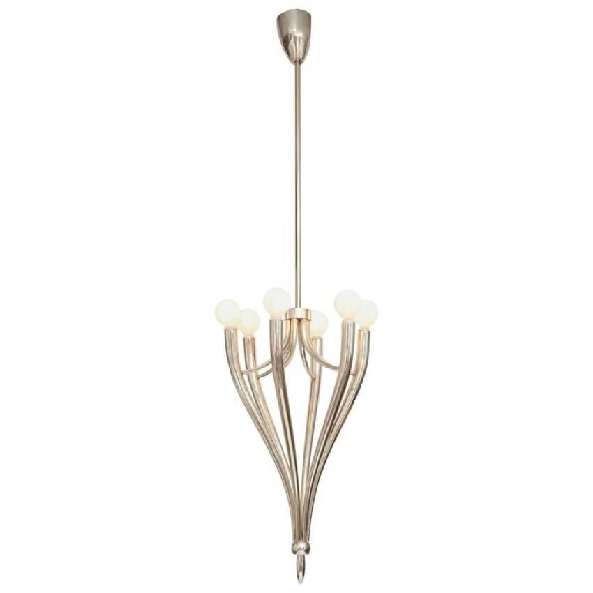 Six-Arm Nickeled Chandelier in the Style of Guglielmo Ulrich For Sale
