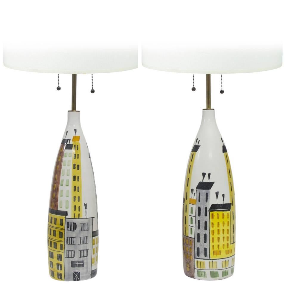Bitossi Raymor Cityscape Table Lamps Ceramic Italian Signed Pair 1960's