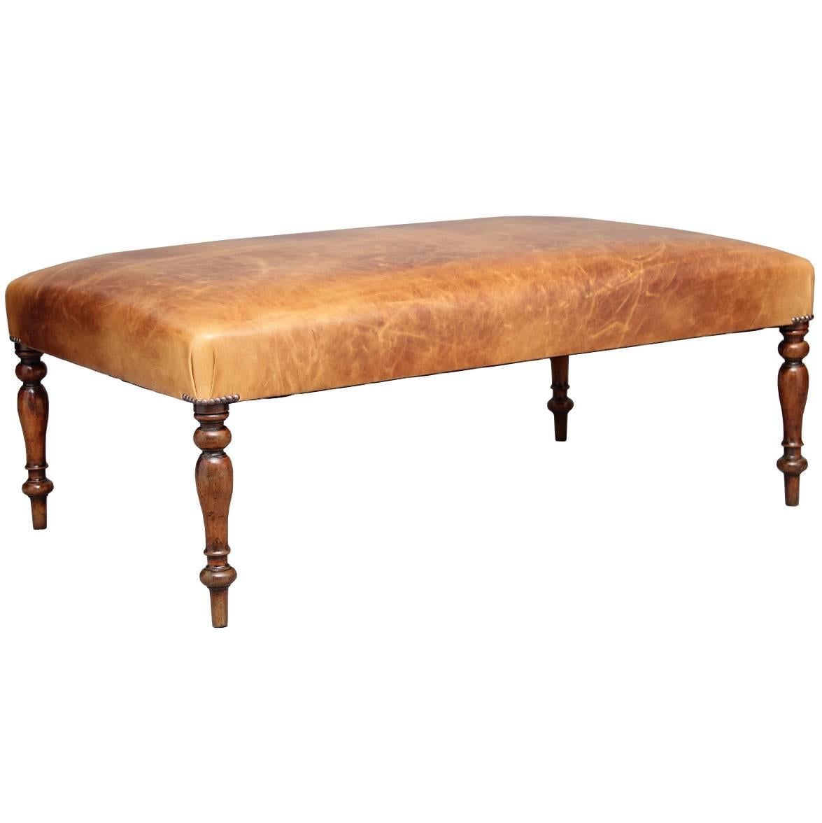 20th Century Large Leather and Mahogany Stool