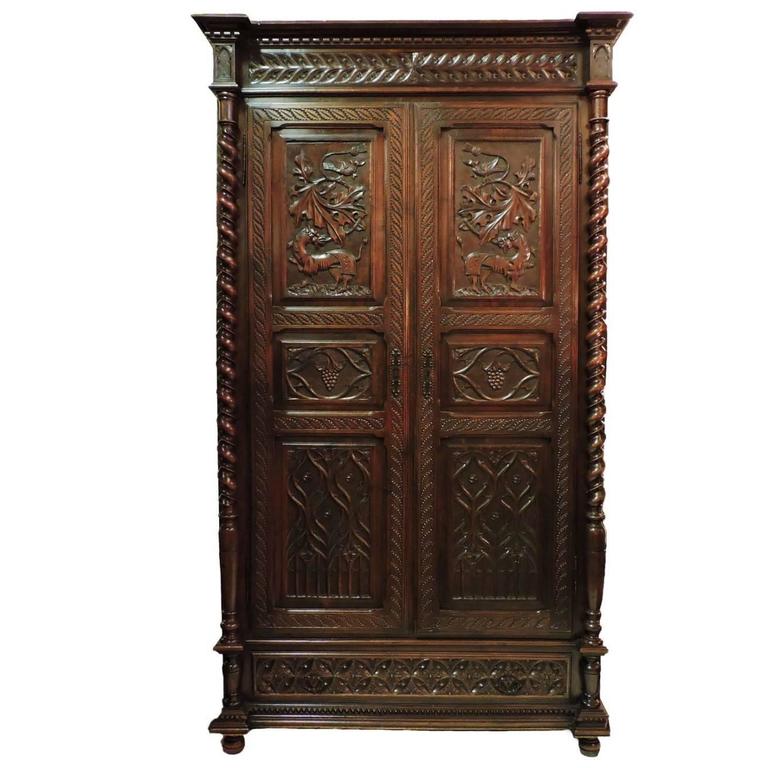 Solid Walnut Gothic Style Armoire For Sale at 1stDibs