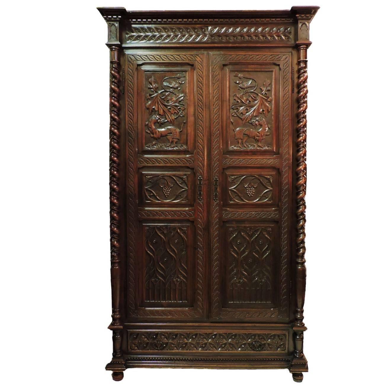 Solid Walnut Gothic Style Armoire For Sale