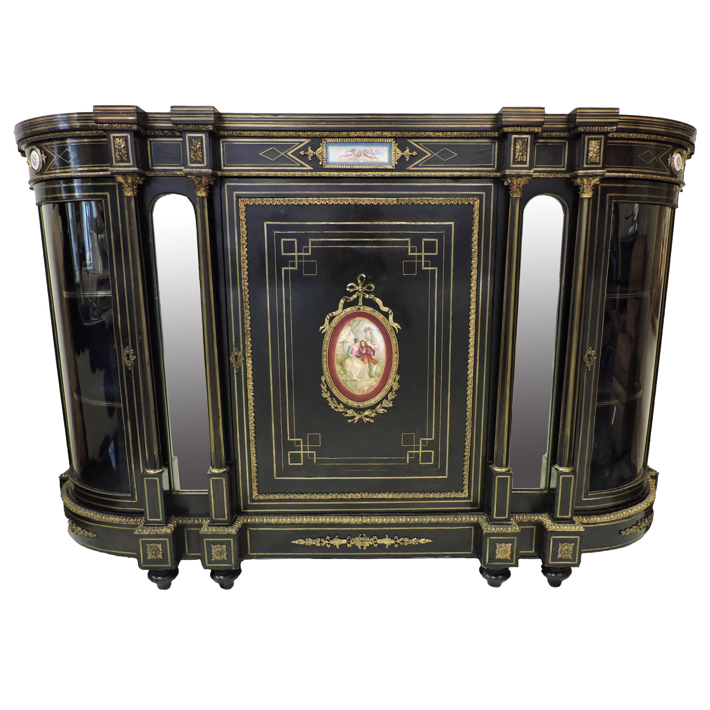 Black Louis Style Commode with Original Bronze Inlay and Mirrors For Sale
