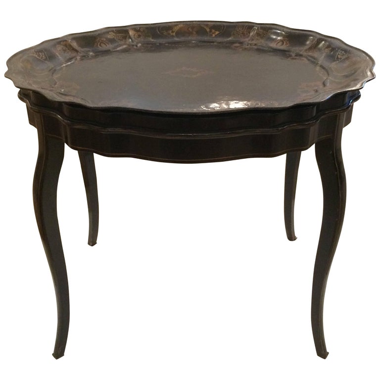 Elegant Black and Gold HandPainted Tray Side Table at 1stDibs