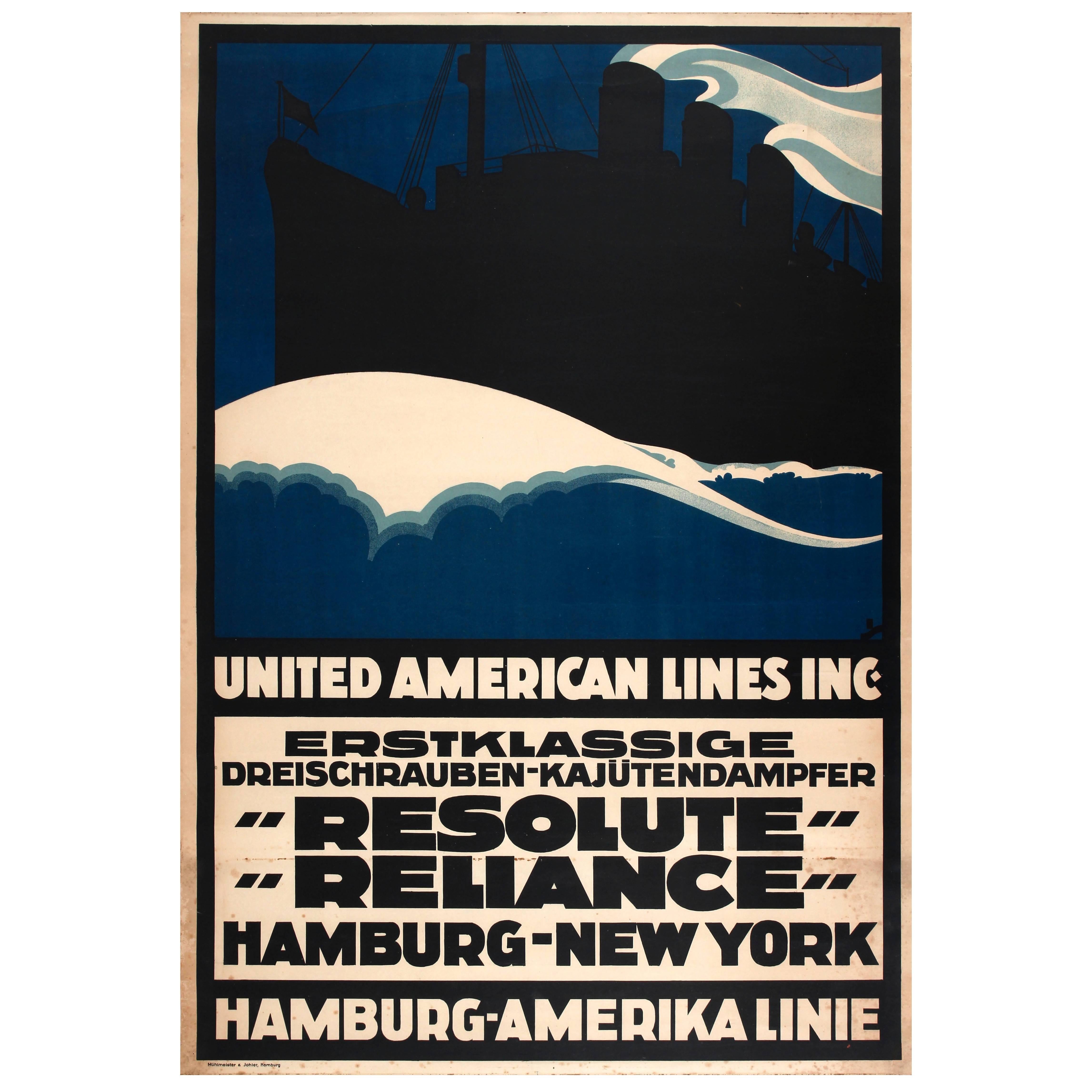 Original Cruise Ship Travel Poster for Hamburg-New York by "Resolute" "Reliance"