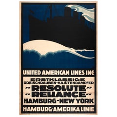 Antique Original Cruise Ship Travel Poster for Hamburg-New York by "Resolute" "Reliance"