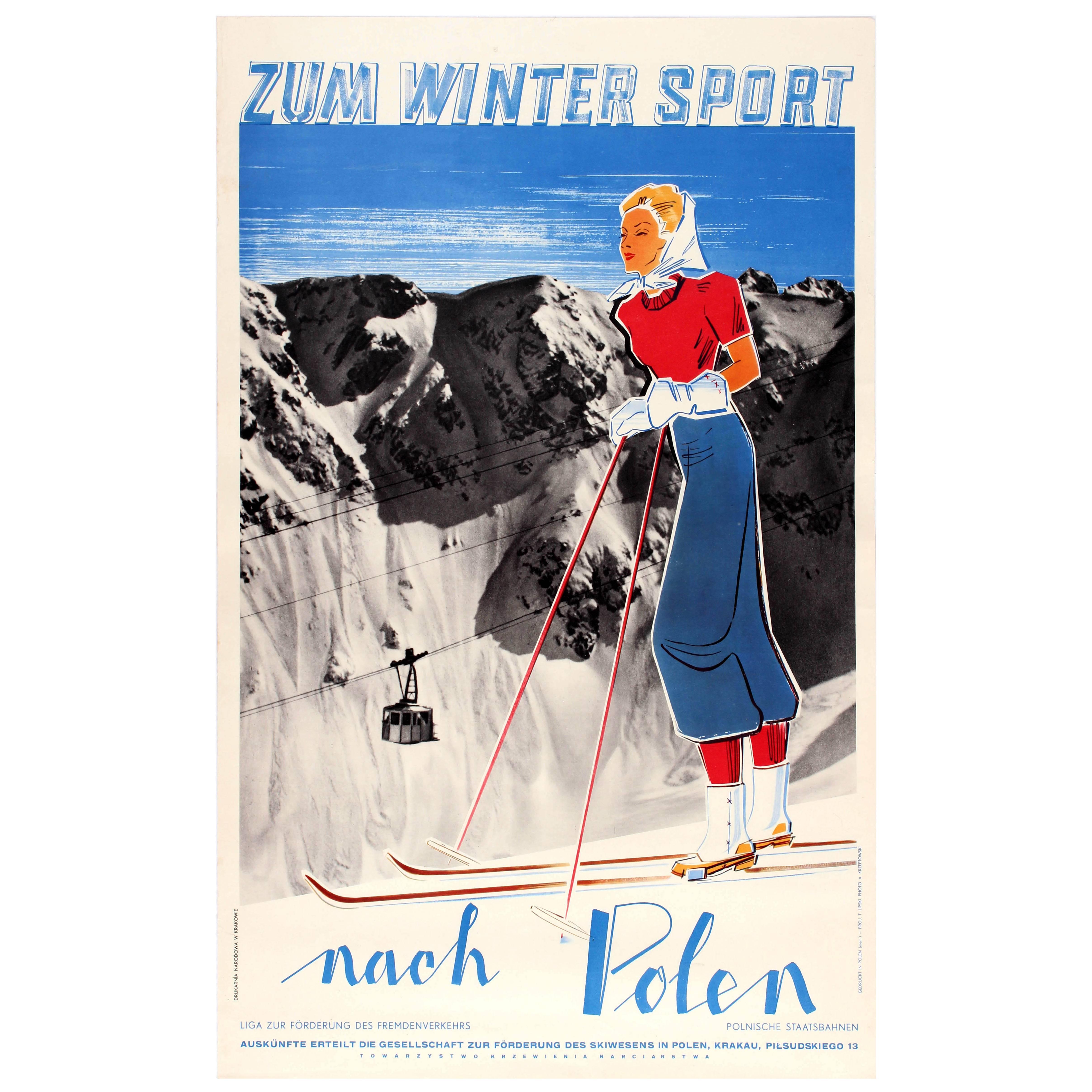 Original Vintage 1930s Skiing Travel Poster Advertising Poland for Winter Sports