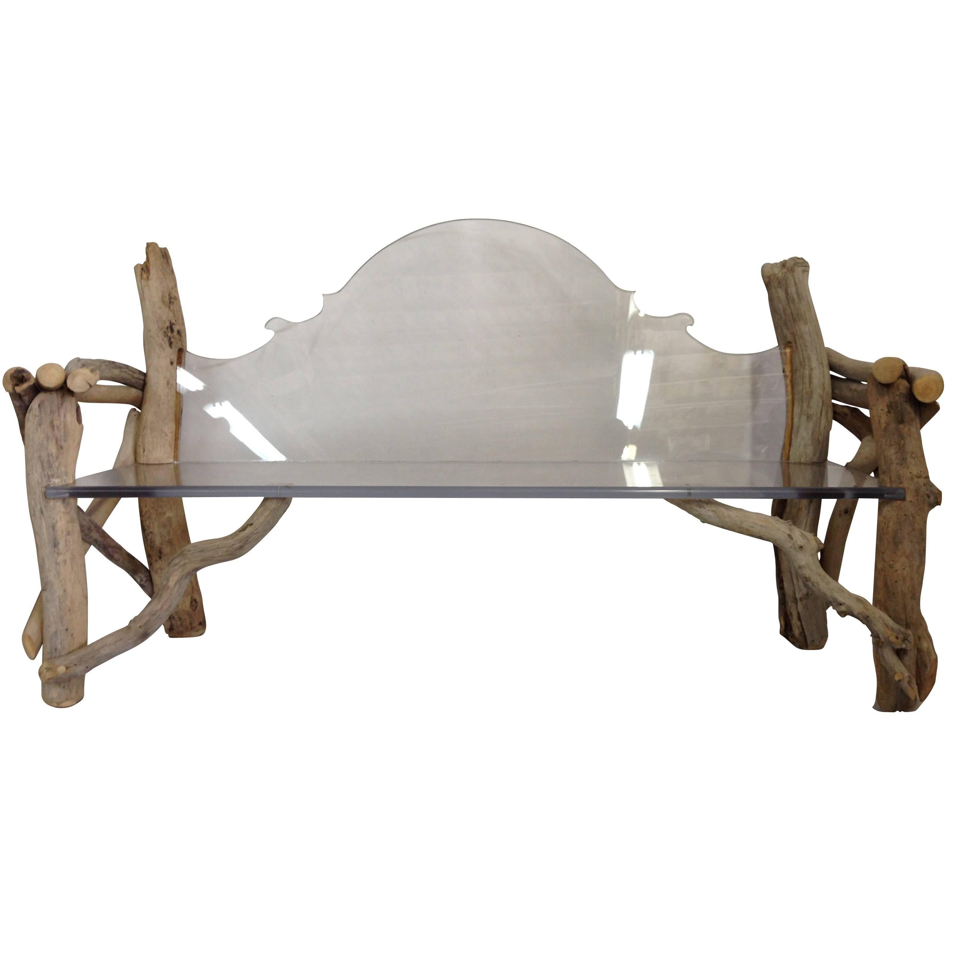 Modern and Baroque Lucite Slab and Driftwood Bench For Sale