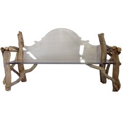 Modern and Baroque Lucite Slab and Driftwood Bench 2