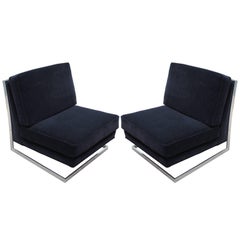 Pair of Modern Milo Baughman Floating Slipper Chairs Black Mohair and Chrome