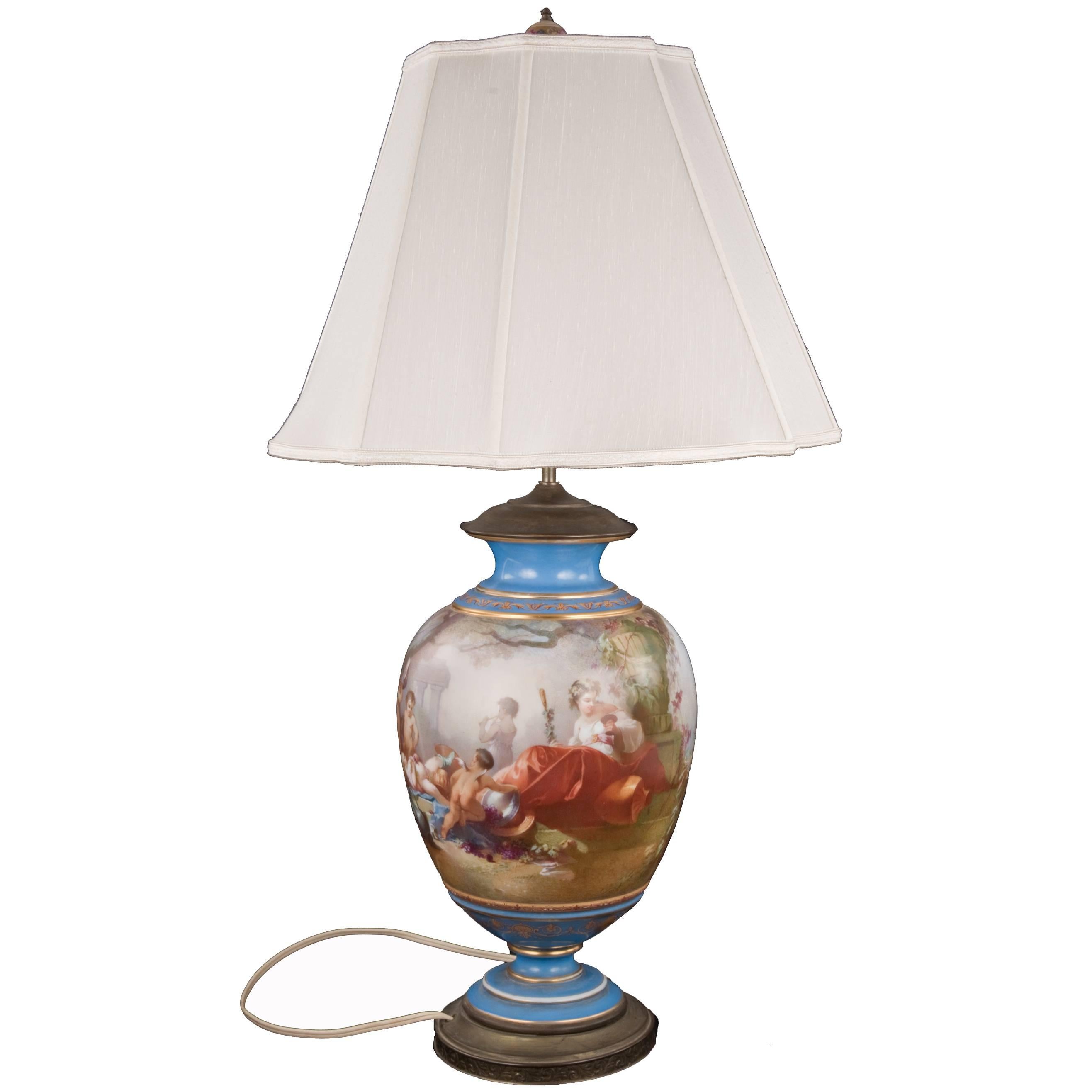 19th Century Sevres Table Lamp with Bacchus Painted Panel For Sale