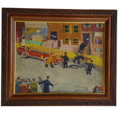 Playful Folk Art Fire Truck Painting by J. Nathan, circa 1948