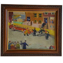 Playful Folk Art Fire Truck Painting by J. Nathan, circa 1948 12