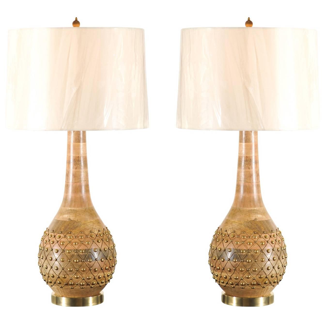 Exquisite Pair of Handmade Brass Studded Gourd Vessels as Custom Lamps