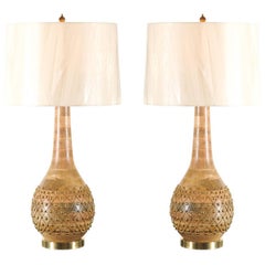 Exquisite Pair of Handmade Brass Studded Gourd Vessels as Custom Lamps