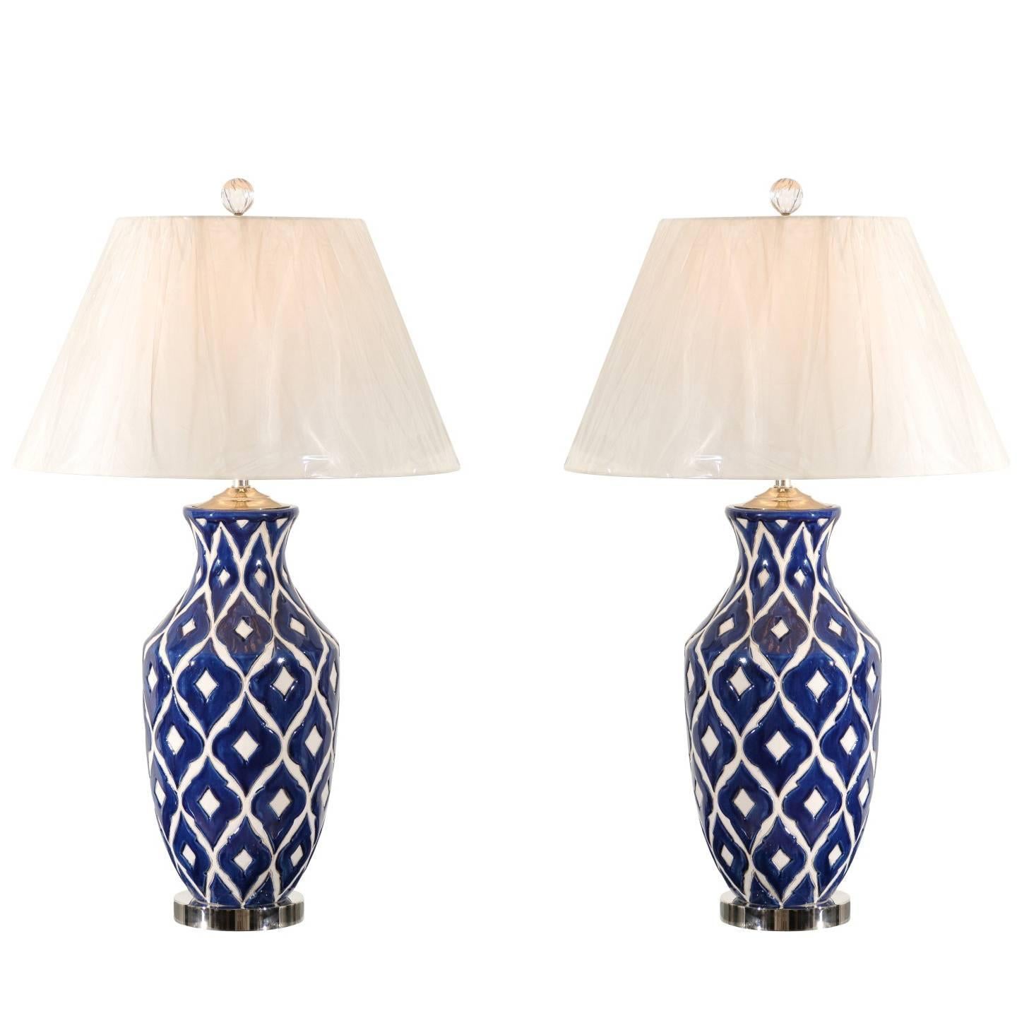 Striking Pair of Large-Scale Ceramic Lamps with Accents of Nickel and Lucite