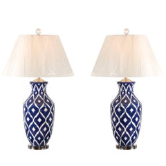 Striking Pair of Large-Scale Ceramic Lamps with Accents of Nickel and Lucite