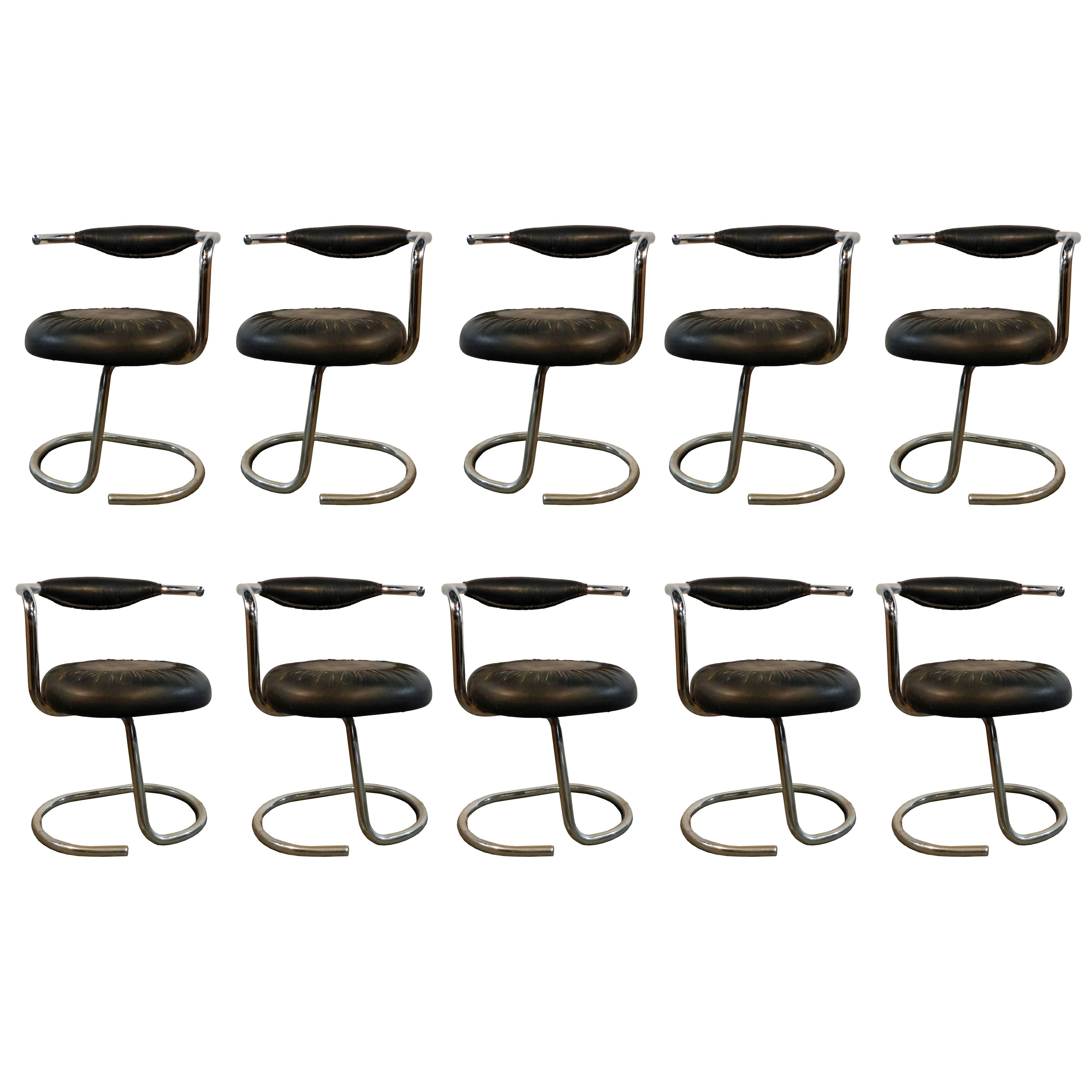 Giotto Stoppino, Set of Ten Chrome and Moleskine Chairs, 1970