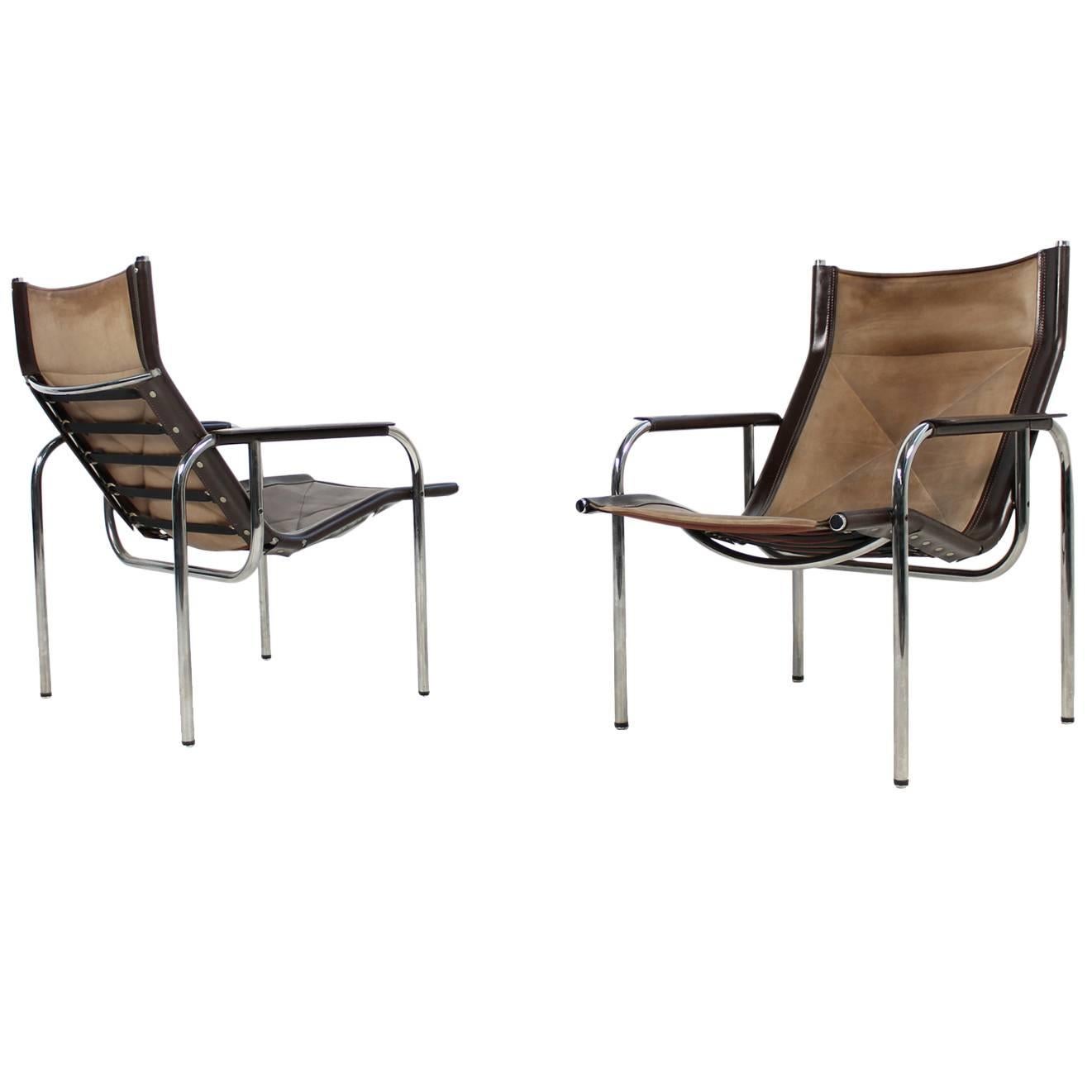 Pair of 1970s Vintage Hans Eichenberger Coffee Leather & Chrome Lounge Chairs