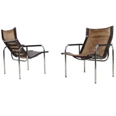 Pair of 1970s Vintage Hans Eichenberger Coffee Leather & Chrome Lounge Chairs