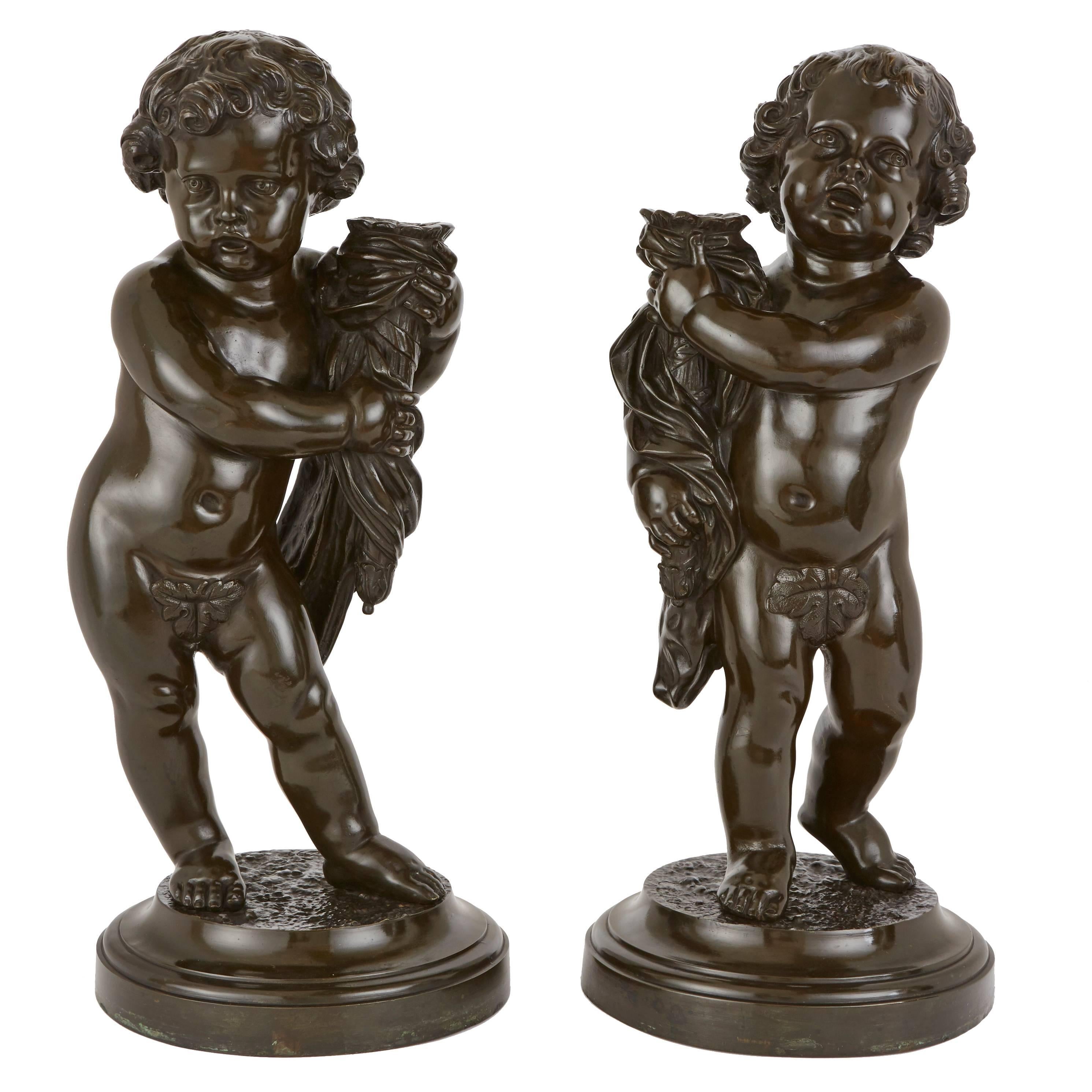 Pair of Patinated Bronze Antique Cherubs, after Clodion