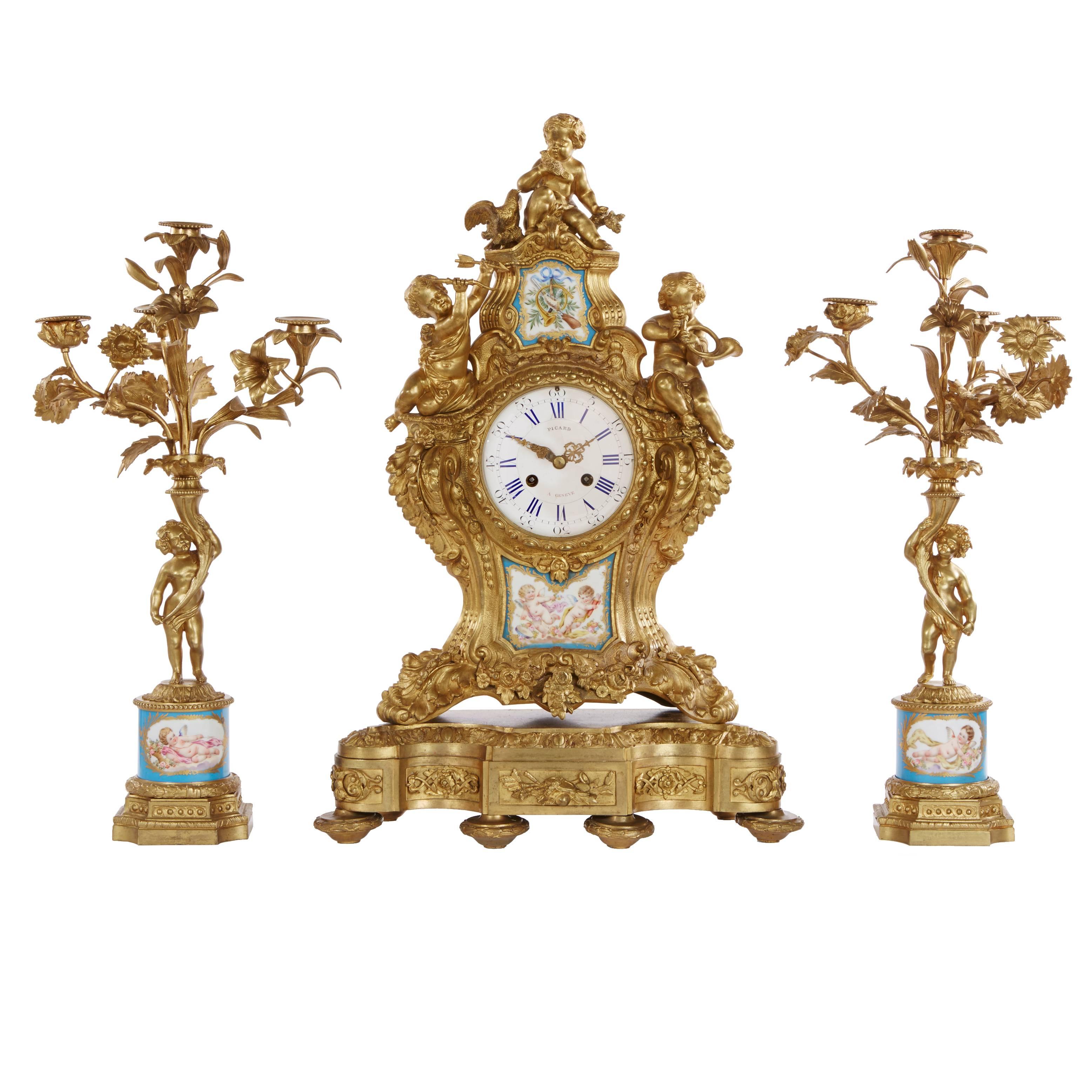 Sèvres Style Porcelain Mounted Ormolu Three-Piece Clock Set by H. Picard For Sale
