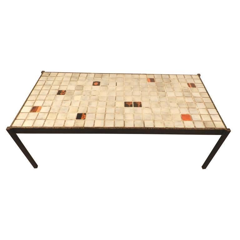 Mado Jolain and René Legrand, coffee table in wrought iron and ceramic top.