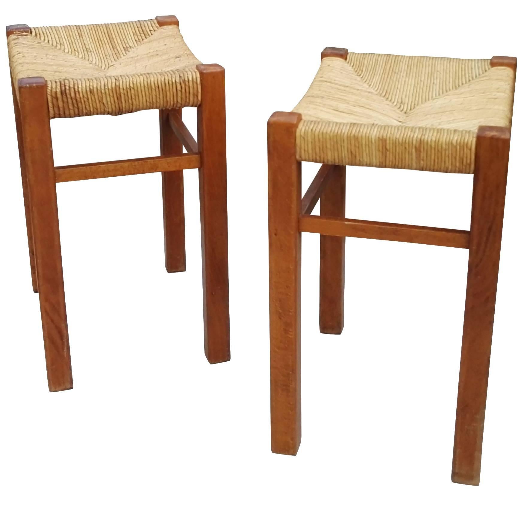 Pair of Rush Stools by Pierre Gautier-Delaye, France, 1970s