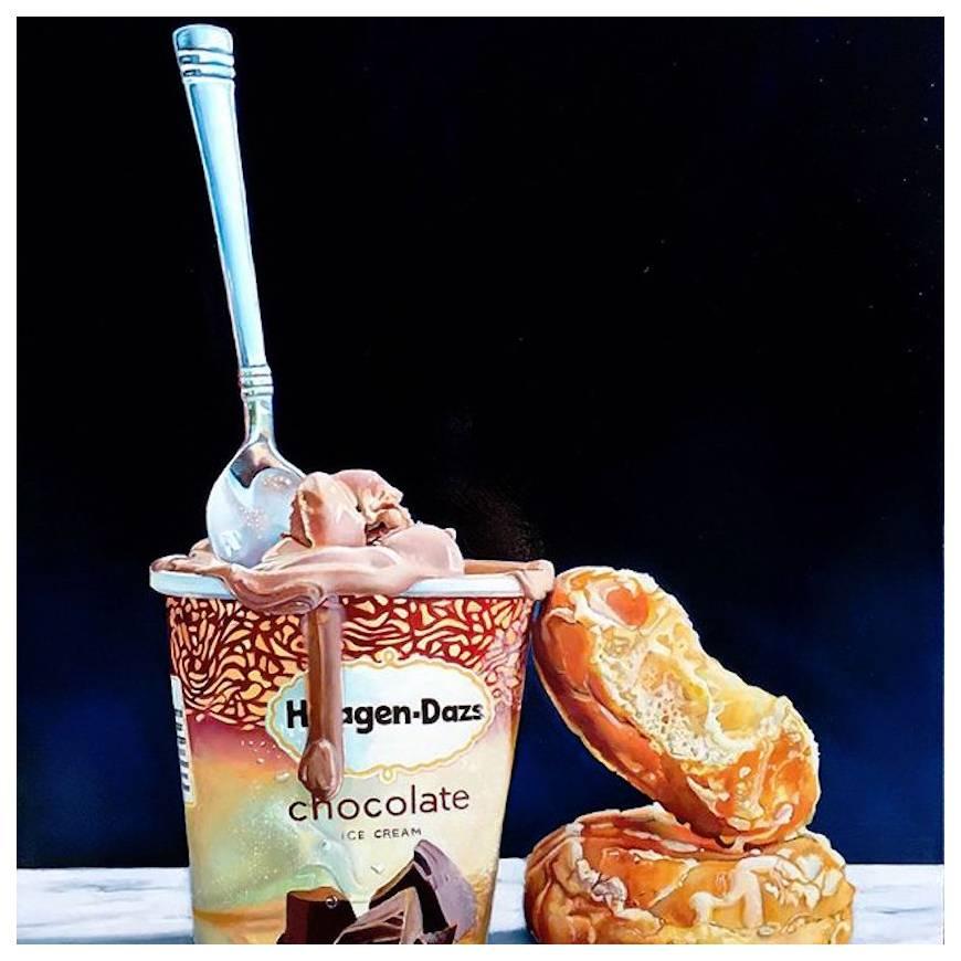 From the 'Delicious' series 2016 by artist M E, Megan Eisenberg--, each image in the series is unique. Oil on wood panel 18 in x 24 in.; Though Photorealism has come to refer generally to painting that emulates the look of photographs, typically