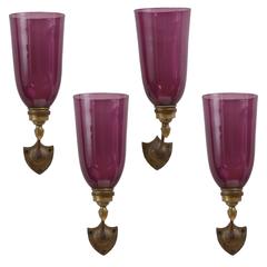 Set of Four Early 19th Century Anglo Amethyst Glass Hurricane Sconces