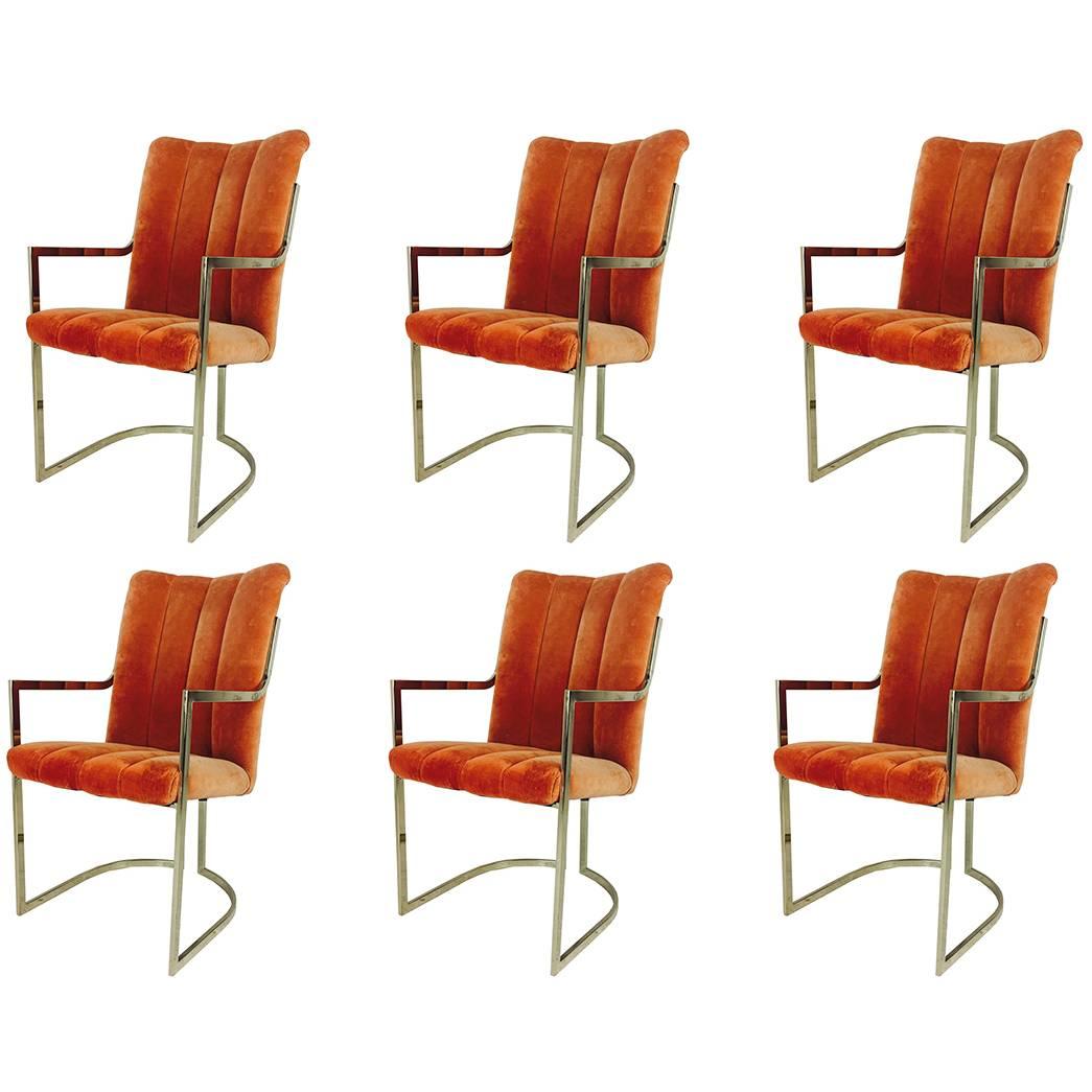 Set of Six Brass and Velvet Dining Chairs by Pierre Cardin