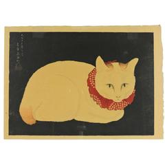 Antique Hiroaki Takahashi "Tama, the Cat" Japanese Woodblock Print