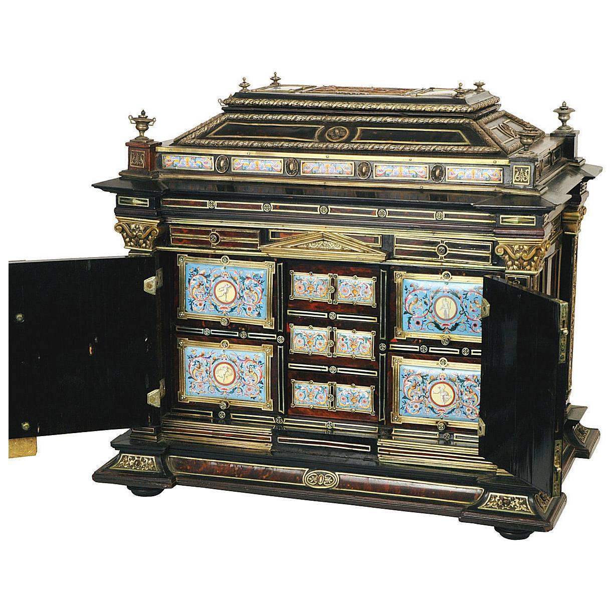 Highly Important Silver & Viennese Enamel Mounted Repousse Shell Casket Cabinet