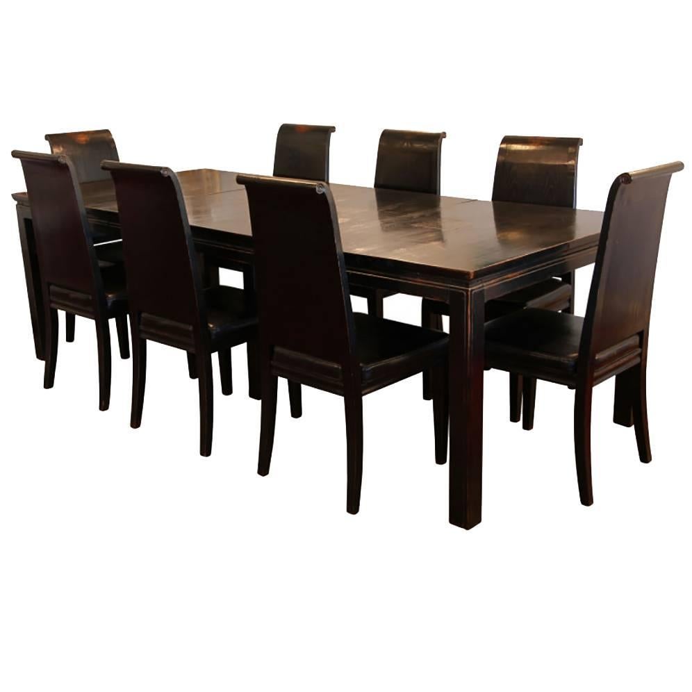 Asian Style Black Lacquered Elmwood Dining Table and Chairs