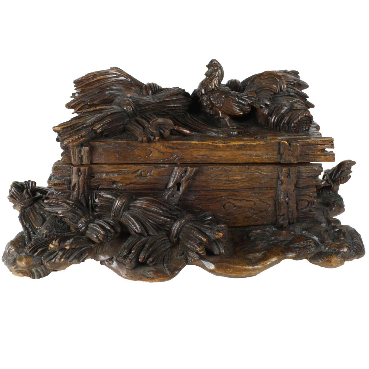 Linden Wood Black Forest Box with Carved Rooster, Sickle and Wheat, circa 1880