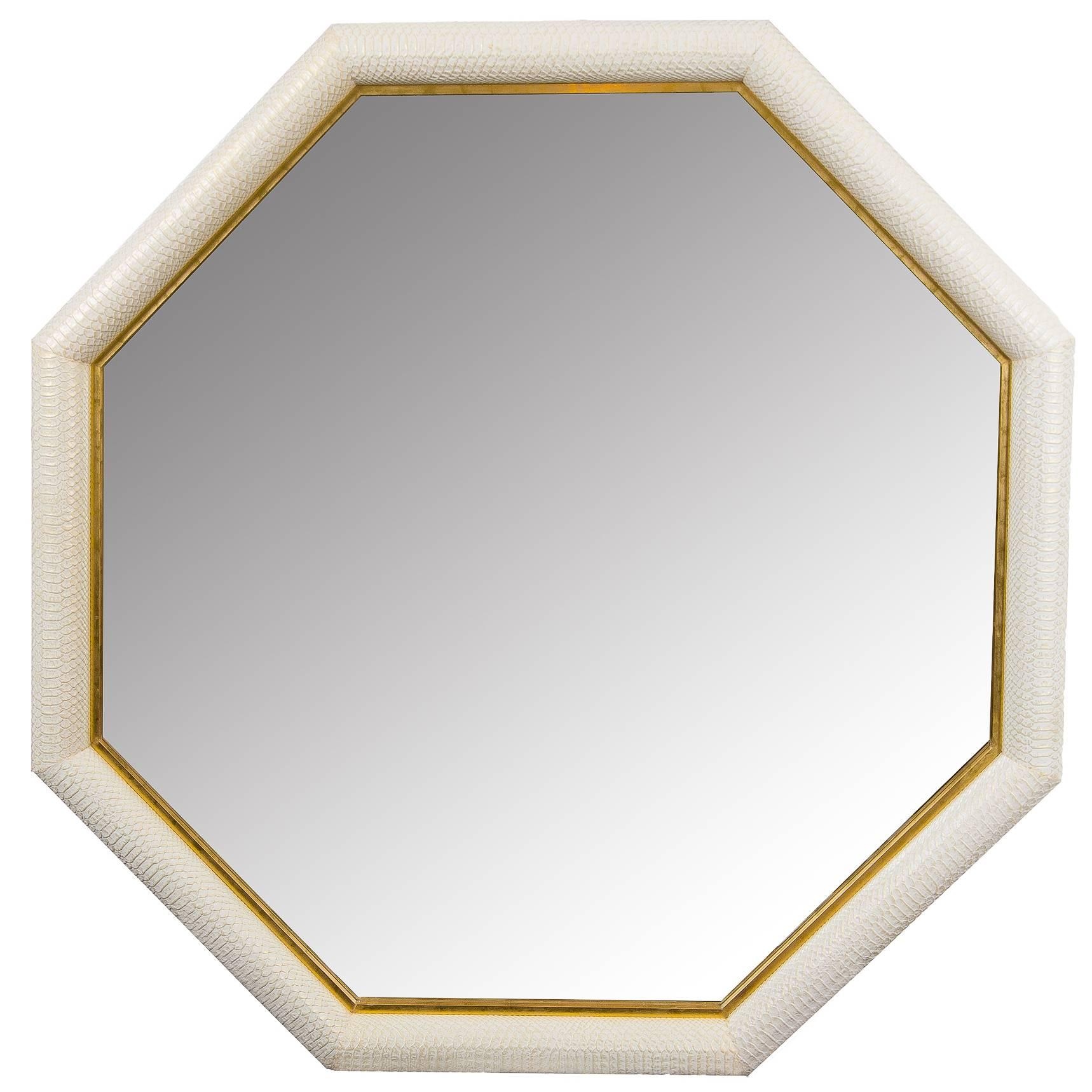 Contemporary Octagonal Embossed Python and Gold Leather Mirror by KLASP Home For Sale