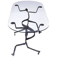 Brutalist Figural Blackened Steel and Glass Side Table