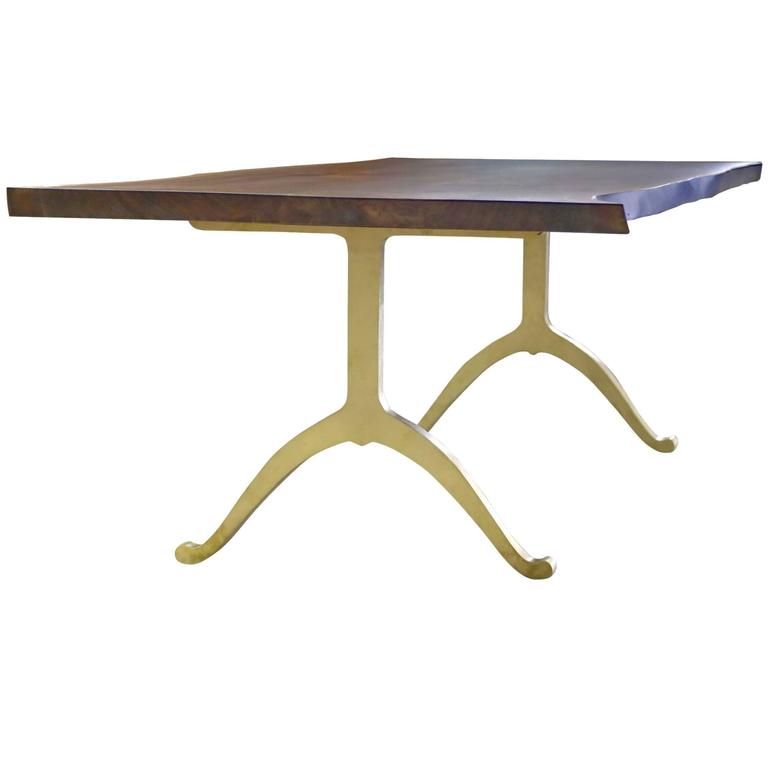 Bddw Walnut Slab Live Edge Dining Table With Cast Bronze And Sentient Signature Live Edge Black Walnut Slab Table Brass Wishbone Legs