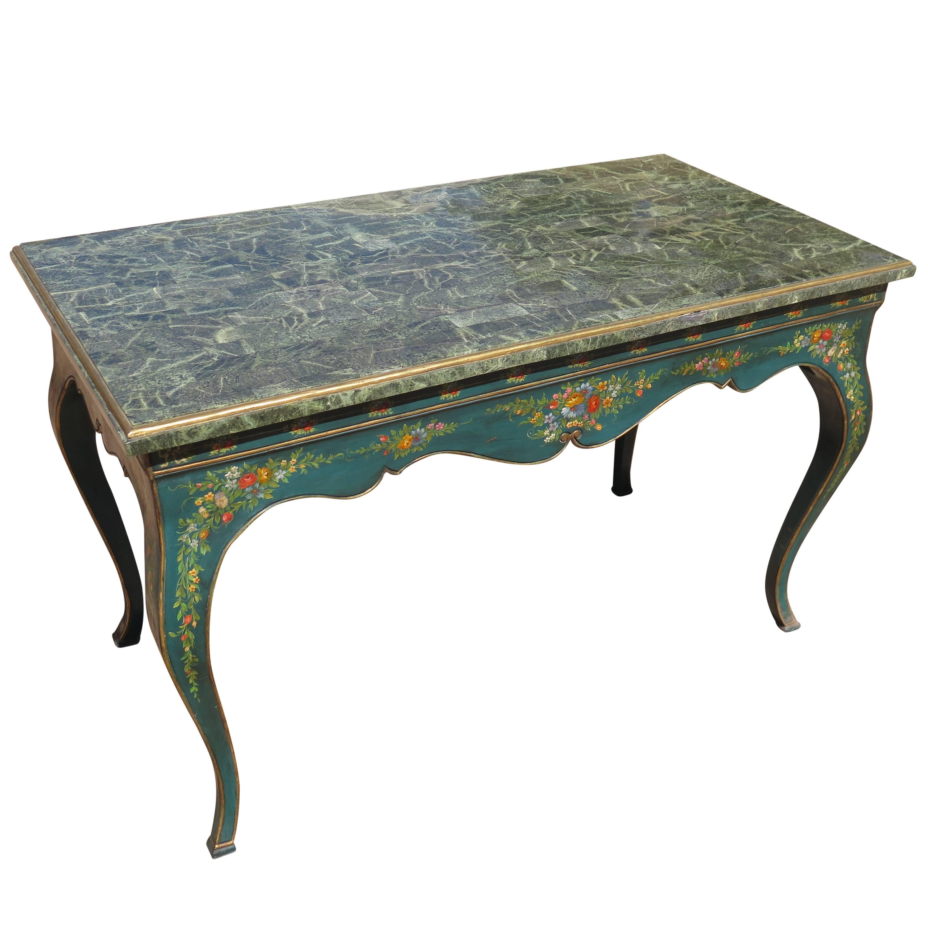 Blue Teal English Parlor or Console Table with Marble Top For Sale