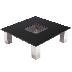 Large Square Black Granite Top Coffee Table with Center Planter Chrome Base