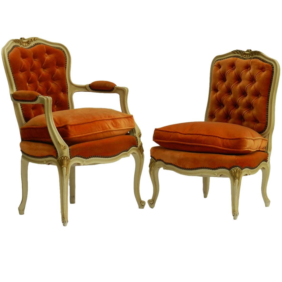 Two French Chairs Armchair & Boudoir Louis XV revival Tufted Button Back 